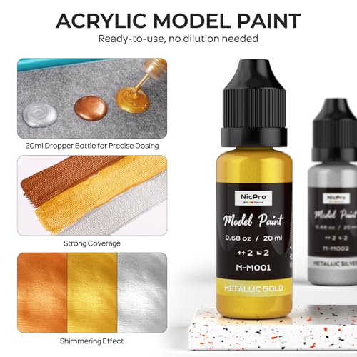 Nicpro 10 Colors Metallic Model Paint Set, 20ml Ready to Use | Modeling Acrylic Paints, Brush & Airbrush Compatible, Miniature Paint for Beginner & Pro on Model, Scale Figure, with Thinner - style: Metallic
