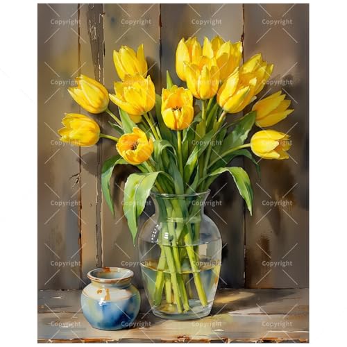 Floral Still Life Paint by Numbers Kit for Adults - DIY Yellow Tulips in Glass Vase Painting on Canvas 8x12In, Framed Acrylic Paint Set, Suitable for Beginners, Art for Home Decoration or Gifts - color: FM06279, size: 8×12in Framed