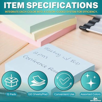 1InTheOffice Sticky Notes 3x3, Sticky Note Pads, Self-Stick Note Pads, Assorted Pastel Colors, 100-Sheet, 12/Pack