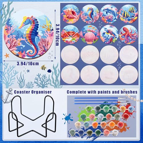 Reallnaive 8 Pcs Ocean Paint by Numbers Kit for Adults Wood Coastal Coaster | Mini Paint by Numbers, Tiny Marine Animal Round Oil Painting Drink Coaster with Holder, for Small DIY Craft Pink Blue Gift - style: Ocean