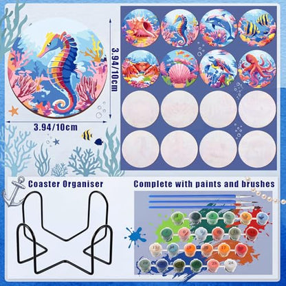 Reallnaive 8 Pcs Ocean Paint by Numbers Kit for Adults Wood Coastal Coaster | Mini Paint by Numbers, Tiny Marine Animal Round Oil Painting Drink Coaster with Holder, for Small DIY Craft Pink Blue Gift - style: Ocean