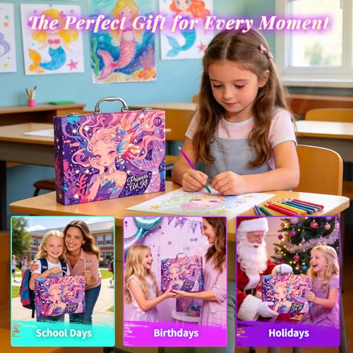 Cokiki Mermaid Art Set for Kids, 184 Piece Drawing Art Kit - color: Violet Princess