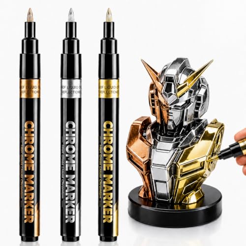 HOTU Liquid Chrome Markers Pens,3 Colors Gold Silver Copper, Permanent Mirror Chrome Paint Pens for Smooth Surfaces: Model, Metal,Wheel Painting, Plastic, Leather, Jewelry, Touch-Up - color: 3 Colors