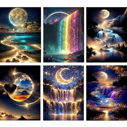 TLIOBLO 6 Packs Landscape Diamond Art for Adults, 5D DIY Diamond Painting Fantacy Kits for Beginners, Full Drill Round Diamond Art Pictures Craft Gifts 30X40cm - color: Landscape Moon