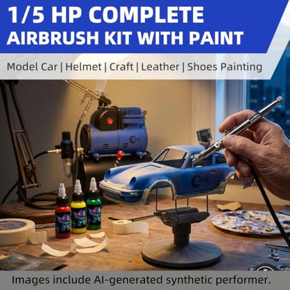 Complete Airbrush Compressor with 3 Airbrushes, Tank, Paint & Holder | Includes 3.2L Air Tank, 12 Colors Paint Set, Cleaning Tools & Mixing Wheel for Model Hobby, Crafts, Shoes, Helmet & Body Art