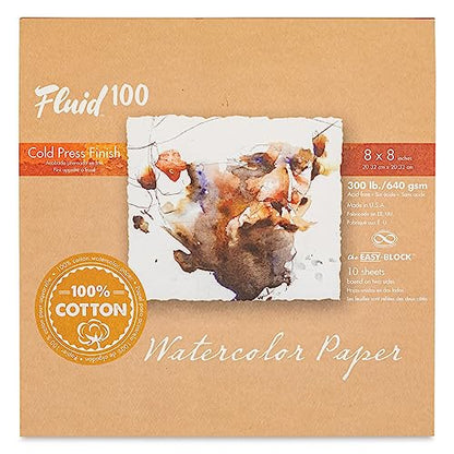 Fluid 100 Watercolor Paper Block, 8 x 8 inches, 10 Sheets, 300 lb (640 GSM) 100% Cotton Cold Press Pad for Artist Painting and Wet Media - size: 8 x 8 (300 lb)