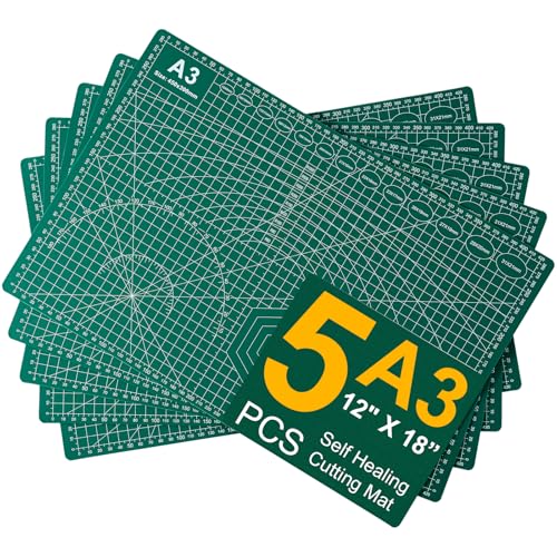 A3 Self Healing Cutting Mat Set, 5 Pack Double-Sided PVC Cutting Mats for Crafts with Inch, Metric, and Angle Guides for Sewing, Quilting, and DIY Cutting