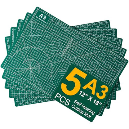 A3 Self Healing Cutting Mat Set, 5 Pack Double-Sided PVC Cutting Mats for Crafts with Inch, Metric, and Angle Guides for Sewing, Quilting, and DIY Cutting