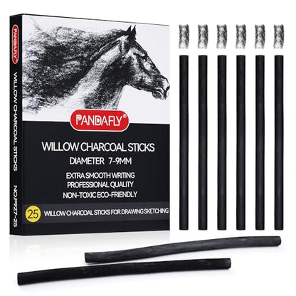 PANDAFLY 25 Pack Willow Charcoal Sticks, 7-9mm, Black Artist Vine Charcoal - size: 7-9mm