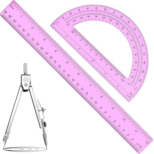 Zonon 3 Pcs 12" Clear Plastic Ruler 6 Inch Protractor Compass Set, Pink - color: Pink, size: 12 Inch
