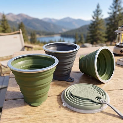 ME.FAN Silicone Collapsible Travel Cup - Silicone Folding Camping Cup with Lids - Expandable Drinking Cup Set - Portable, Graduated [9.22oz] - color: 4 Pack-Desert Sage
