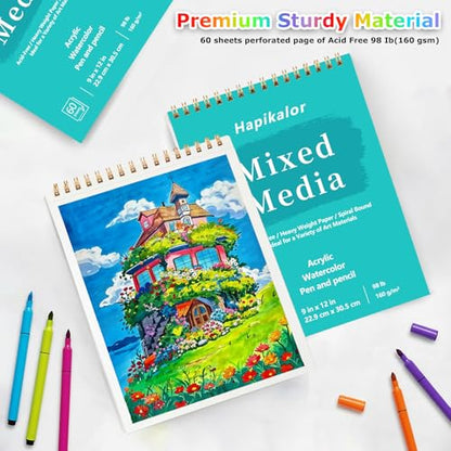 Mixed Media Sketchbook 9"x12" Multimedia Sketchbook, 60 Sheets Sketch Book | Top Spiral Bound Sketch Book, 98lb/160gsm Mixed Media Paper, Watercolor Paper Sketch Pads for Drawing, Painting, Art Supplies - size: 9" x 12"(60 Sheets)
