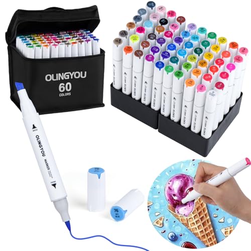 OLINGYOU 60 Colors brush tip alcohol markers,Art Marker Set | For Coloring Books, Rock, Glass, Wood, Arts & Crafts Gift, Classroom Must Haves & School Supplies - color: 61PCS