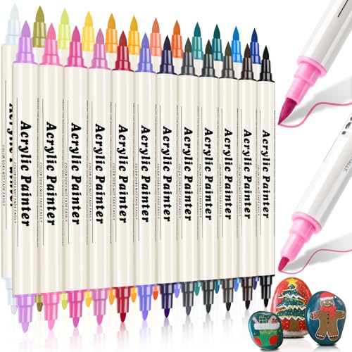 24 Colors Dual Tip Acrylic Paint Pens Markers, Brush & Fine Tip Coloring Drawing Markers for Christmas Decorations, Waterproof Making Art Supplies for Wood, Fabric, Stone, Glass, Rock Painting - color: 24 Colors / Brush & Fine Tip