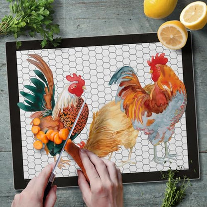 CounterArt Whimsical Roosters 3mm Tempered Glass Cutting Board 12" x 15" | Serving Board, Charcuterie Board - color: Whimsical Roosters
