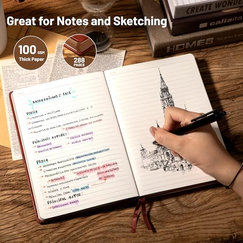 CAGIE Compass Leather Journal for Men Women, A5 Lined Notebook Writing Gift | 288 Pages 100 GSM Acid-free Paper, Bleed-free, Pen holder, Lay Flat, For Daily Writing, Office, Gifting - color: Wine Red