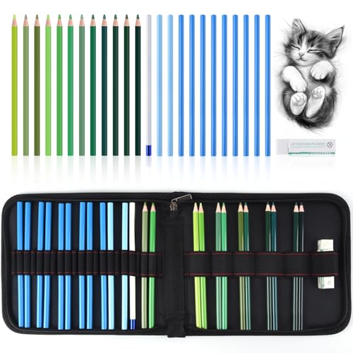 Professional Drawing Set,12 Colored Pencils,12 Graphite Pencils,Eraser,Case - color: Set-Green