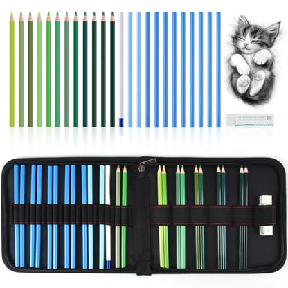 Professional Drawing Set,12 Colored Pencils,12 Graphite Pencils,Eraser,Case - color: Set-Green