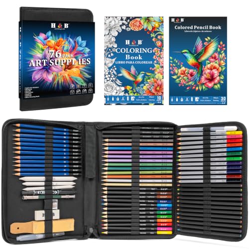H & B 76PCS Drawing Sketching Kit, Art Supplies with Sketch & Coloring Book | Rainbow Pencils for Surprise Blends - All-in-One Pro Drawing Set with Case for Adults, Artists, Beginners - Ready to Draw - size: 76 Piece Set