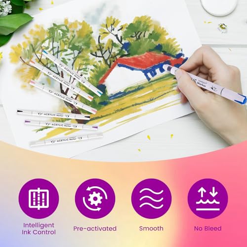Acrylic Paint Markers, 12 Colors Dual Tip Acrylic Paint Pens, Water-Based No-Bleed Markers with Automatic Ink Control System, Bullet & Brush Tip, Works on Paper, Wood, Ceramic, Rock - color: 12 Colors