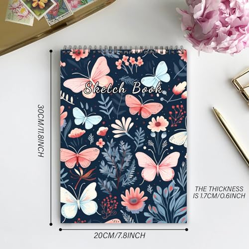 Deokke Sketchbook Top Spiral Bound Sketch Pad, 9 x 12 inch,100GSM Thick Paper,50 Sheets 100 Pages,Art Sketch Book Aesthetic Cute Drawing Writing Paper for Girls Women-Butterfly Flower - color: A-18-Butterfly