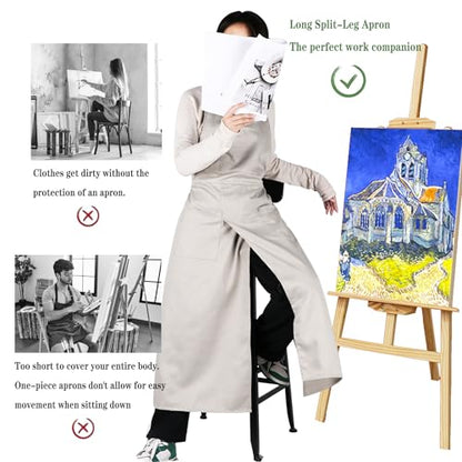 Pottery Split-Leg Make Ceramic Apron, Long Split-Leg Artist Painting Apron with 3 Pockets for Men and Women - color: Khaki