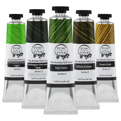 Tusc & Pine Artist Oil Paint - 40 ml Set of 5 - Greens - Non-Yellowing, Rich & Creamy Consistency, Maximum Pigment Load, Small Batch Milled Oil Paints Developed for Professional Artists - color: Greens, size: 6.75 Fl Oz (Pack of 1)