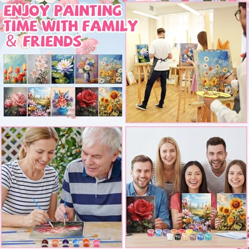 Blosssound 10 Set Pre Printed Canvas Pre Drawn Canvas Painting with Easel Kits 5" x 7" Outline Painting Panels for Beginners, DIY Craft Project, Party Favor, Home Decors(Flower) - style: Flower