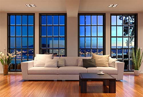Vinyl 10x7ft Modern Living Room Backdrop for Photography City Night View | Business Office French Window Cozy Sofa Photo Background Interior Home Decor, Luxury Apartment Live Streaming Portrait Props - size: 10x7ft