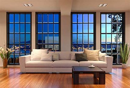 Vinyl 10x7ft Modern Living Room Backdrop for Photography City Night View | Business Office French Window Cozy Sofa Photo Background Interior Home Decor, Luxury Apartment Live Streaming Portrait Props - size: 10x7ft