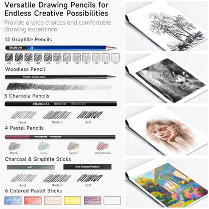 Shuttle Art 52 Pack Drawing Pencils Set, Professional Art Kit with Graphite Charcoal Sticks, Drawing Pad in Portable Case, Ideal for Kids and Adults Artists