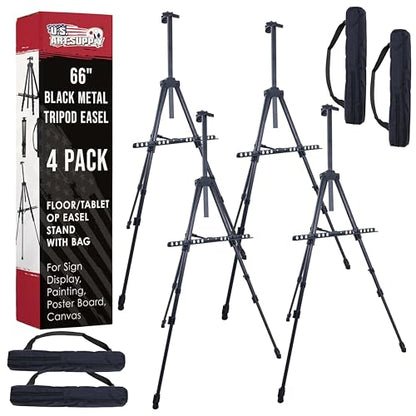 U.S. Art Supply 66" Black Metal Tripod Easel Display (4 Pack) - Adjustable 20"- 5.5', Holds 32" Canvas - Floor/Tabletop Easel Stand, for Sign Display, Painting, Poster Board, Canvas - Portable Bag