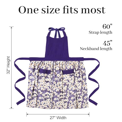 Cute Floral Apron for Women with Pockets, Cotton, Adjustable Straps - color: Purple