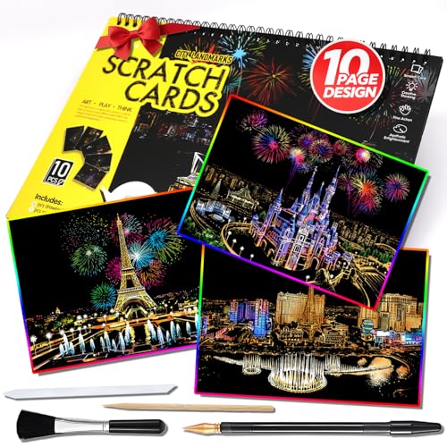 10-Board Scratch Art Book for Adults, Rainbow Cityscape Kit with Tools | Scratch art tools reveal 10 rainbow cityscapes for screen-free tabletop entertainment at home, during travel or with friends. - color: Travel Landmarks A