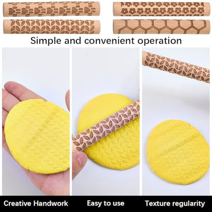 CREATCABIN 4 Pcs Wooden Clay Texture Rollers Clay Modeling Pattern Rollers Kit Pottery Stamp Roller Tools Paw Hexagon Leave Flower Rolling Pin Handmade Craft Art for Ceramics Painting DIY 3.94 Inch