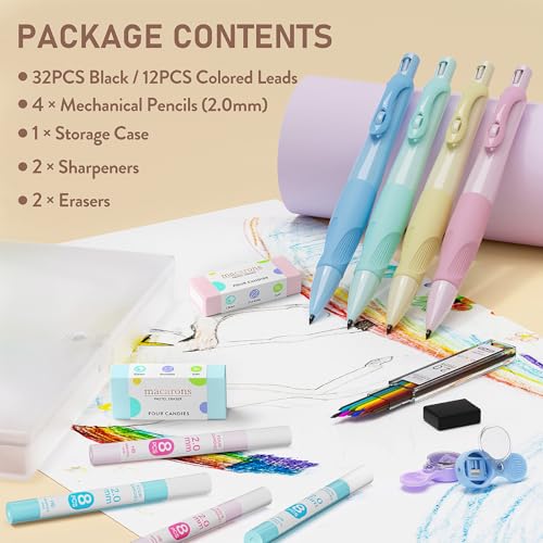 Four Candies 4PCS 2mm Mechanical Pencils for Kids, Comfort Ergonomic Grip | Jumbo Pencils with 44PCS Lead Refills(Black, Color), 2PCS Sharpeners & Erasers, Cute School Supplies for Kids Writing Drawing