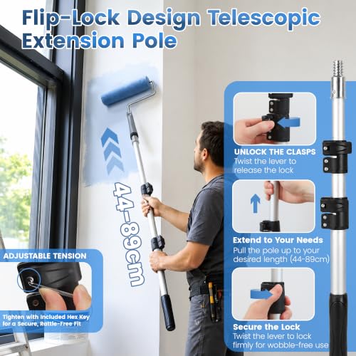 VOOMEY Paint Roller Kit with Adjustable 17-35 Inch Aluminum Pole, 9 & 4 Inch Rollers | 9" & 4" paint rollers with a 17-35" adjustable aluminum extension pole for walls, ceilings, trim and corners - size: 9 Inch kit with Buckle Extension Rod