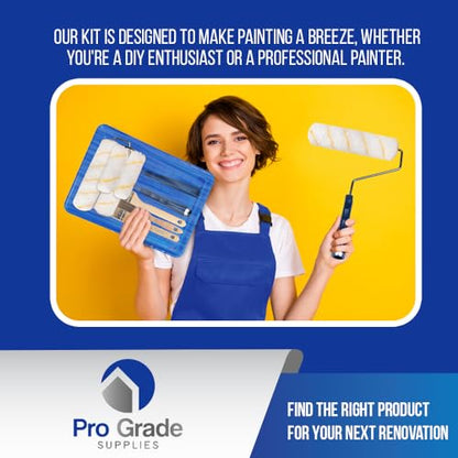Pro Grade Paint Roller Kit, Paint Brushes, 4" & 9" Roller Covers for Walls | 10-piece set includes 2 frames & tray | Interior & exterior | Ceilings & trim | Smooth to semi-rough surfaces - size: 10 Piece Set