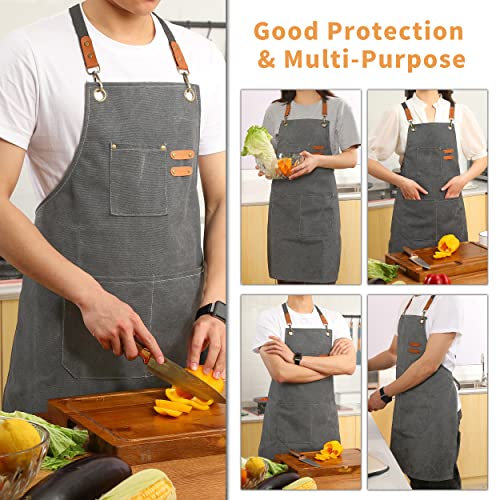Tosewever Canvas Cross Back Chef Cotton Aprons for Men Women with Large Pockets - color: Grey