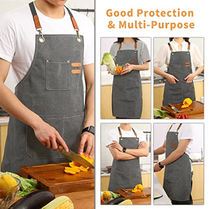 Tosewever Canvas Cross Back Chef Cotton Aprons for Men Women with Large Pockets - color: Grey
