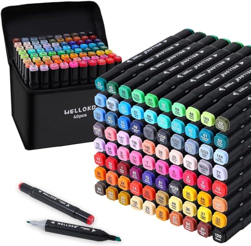 WELLOKB Alcohol Markers, 60 Colors Dual Brush Tip Permanent Art Markers for Drawing,for Adult Coloring, Alcohol, Based Ink Ideal for Book Painting and Card Making - color: Black, size: 60