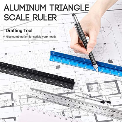 6 Pcs 12 Inch Architectural Engineering Scale Ruler Set Aluminum Triangular Drafting Tool with Metal Standard Ruler and 6 in 1 Tech Tool Pen for Architects, Draftsman and Engineers Drafting Blueprints