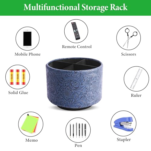 Round Leather Art Supply Organizer,Remote Control Holder,360 Degree Spinning,Multi-Functional Pencil Holder,4 Compartments Desktop Stationary Organizer(1-Carved Dark Blue) - color: 1-Carved Dark Blue
