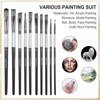 10 Pcs Flat Paint Brush Set, Synthetic Nylon Hair Art Brushes for Acrylic Watercolor Oil Gouache, Detail Face Body Craft Painting, Artist Kit with Wooden Handle for Beginners Adults