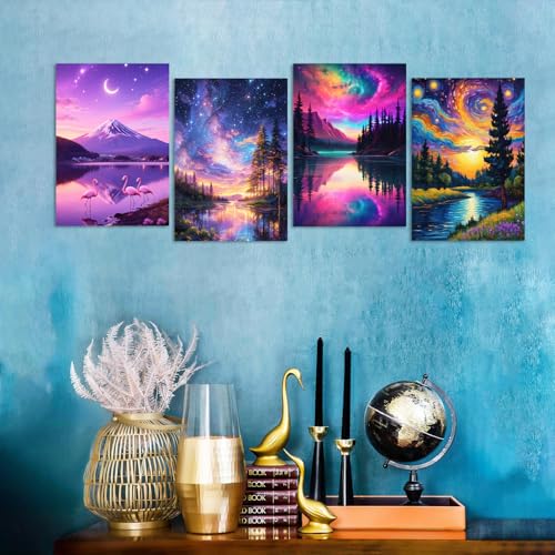 Lanzeyo Diamond Painting Kits for Adults Hand Crafts Diamond Art Kits for Beginners Starry Night Landscape Diamond Painting Diamond Dots Kits Gem Art Adult Crafts 4PCA Wall Art (StarryNight) - color: 06 Starry night