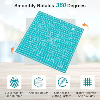 Headley Tools 12"x12" Rotating Cutting Mat, Self Healing Mat with 360-Degree Rotation & Anti-Slip Base, Sewing Board Cutting Mat Perfect for Fabric Quilting Leather Hobby Project, Light Blue - color: LIight blue, size: 12"L x 12"W