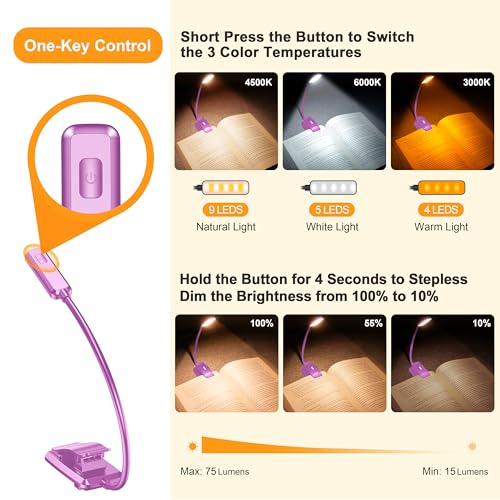 Gritin 9 LED Rechargeable Book Light for Reading in Bed | Eye Caring 3 Color Temps,Stepless Dimming Brightness,80 Hrs Runtime Small Lightweight Clip On Book Reading Light-Dark Purple - color: Dark Purple