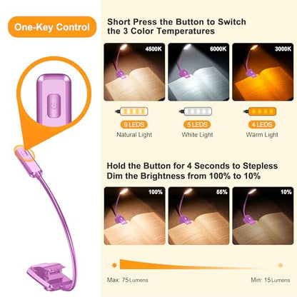 Gritin 9 LED Rechargeable Book Light for Reading in Bed | Eye Caring 3 Color Temps,Stepless Dimming Brightness,80 Hrs Runtime Small Lightweight Clip On Book Reading Light-Dark Purple - color: Dark Purple