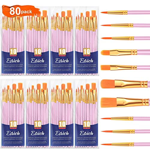 ESRICH Acrylic Paint Brushes Set, 8Packs 80 Pcs, Nylon Hair Brushes | Nylon Brush Head for Oil Painting, Gouache, Face,Ceramics etc, Kid's and Adults Painting Arts and Crafts Paint Set - color: Pink, size: 80