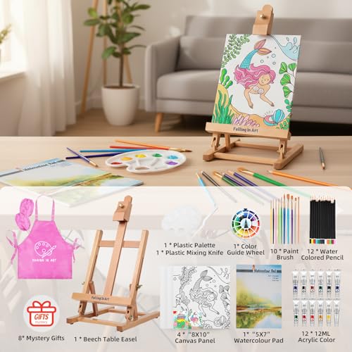 Kids Tabletop Easel Set, Portable Art Easel Painting Kits | 52 Pcs Wooden Easel for Painting Canvases, Including 12 Colors Acrylic Paints, 10 Paintbrushes and 4 Canvas Panels, Pink - color: Pink